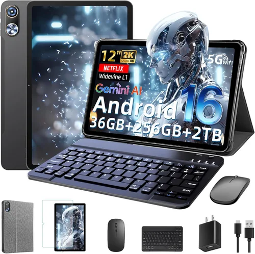 Raemond Tablet Android 16 de 12 pulgadas con teclado, T7250 Octa-Core, 36 GB de RAM + 256 GB de ROM, pantalla IPS de 2000 x 1200 HD de 90 Hz, 20
