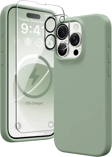 Miniatura 39 de GONEZ Funda de silicona para iPhone 14 Pro Max, compatible con MagSafe, con protector de pantalla + protector de lente de cámara, silicona líquida a