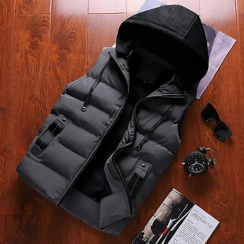 Miniatura 14 de WENKOMG1 Chaleco con capucha con doble cremallera para hombre, abrigo de color sólido, abrigo cálido y grueso, sin mangas, chaqueta suelta