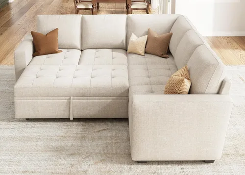 Miniatura 7 de HONBAY Sofá cama modular modular con cama extraíble, sofá en forma de L con asiento de almacenamiento, sofás seccionales para sala de estar, beige