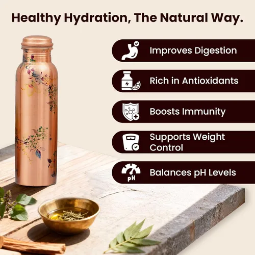 Miniatura 4 de Craft Trade Botella de agua de cobre puro de 32 onzas / 32.1 fl oz con hermoso diseño botánico floral Frasco curativo ayurvédico a prueba de fugas