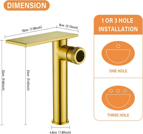 Miniatura 2 de Becola Grifo mezclador de lavabo alto tipo cascada de oro cepillado moderno con perillas ajustables y dos líneas de suministro