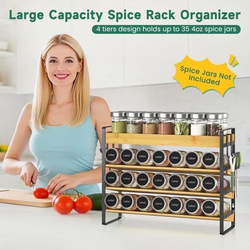 Miniatura 3 de EsLuker.ly Organizador de condimentos para especias para encimera de cocina, 4 niveles de bambú para especias con 4 ganchos, soporte independiente