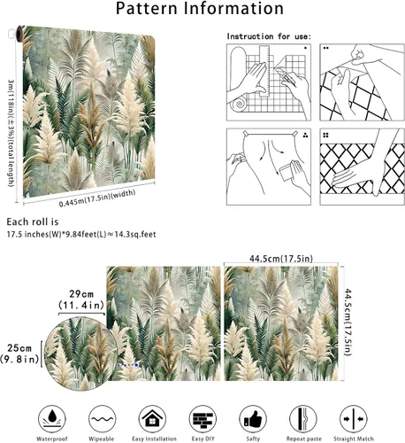 Miniatura 8 de Floralplus Papel tapiz removible de bosque bohemio para despegar y pegar, papel tapiz de hojas bohemias para dormitorio, baño, papel de contacto