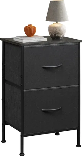 Miniatura 23 de WLIVE Mesita de noche negra, cómoda pequeña con 2 cajones y superficie de madera, mesita de noche con cestas de tela, mesa de cabecera mesa auxiliar