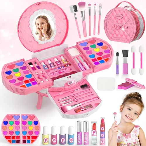 PERRYHOME Kit de maquillaje para niños para niña, juego de cosméticos reales lavables de 59 piezas, juego de maquillaje para niños no tóxicos, kit