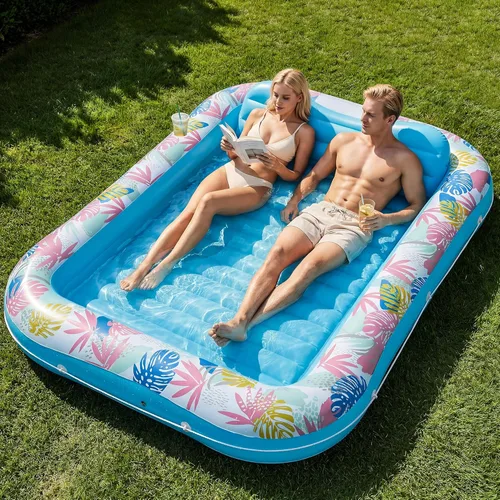 OKSUWATER - Flotador para tumbona bronceadora para piscina, de 87 x 63 pulgadas, para adultos, con reposacabezas y soporte para bebidas, cama Azul