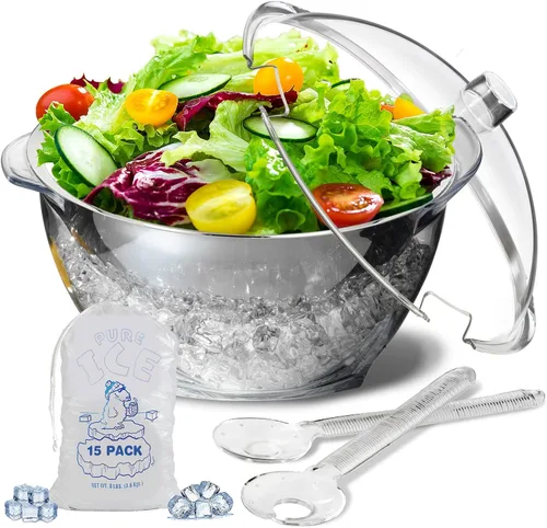 LIMOEASY Tazón para ensalada helada, tazón grande de 4.5 Qt para servir frío con tapa para fiestas, tazones de hielo para mantener frías las