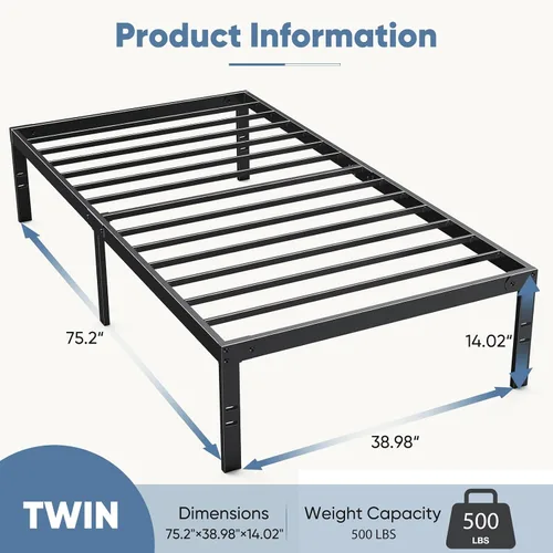 Miniatura 2 de DUMOS - Base de cama tamaño individual con plataforma de metal, base de colchón con soporte de listones de acero, sin necesidad de somier, espacio