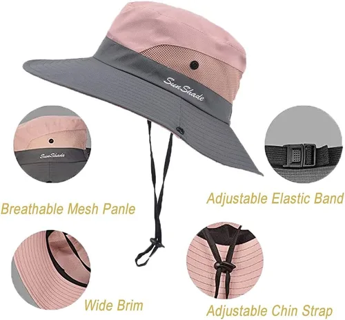 Miniatura 16 de Sombrero de sol de verano para mujer, cola de caballo – Protección UV de malla de ala ancha plegable con agujero para cola de caballo