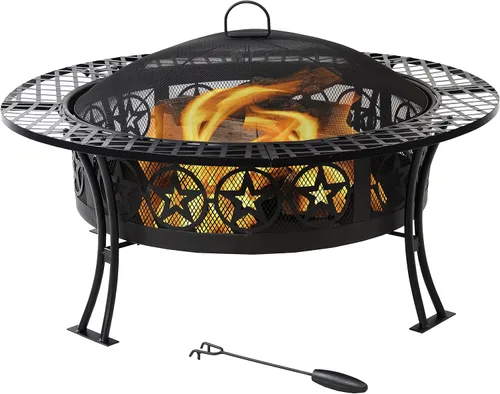 Miniatura 8 de Sunnydaze Mesa redonda de acero de 40 pulgadas con pantalla de chispas duradera y póquer, diseño portátil, color negro, cuatro estrellas