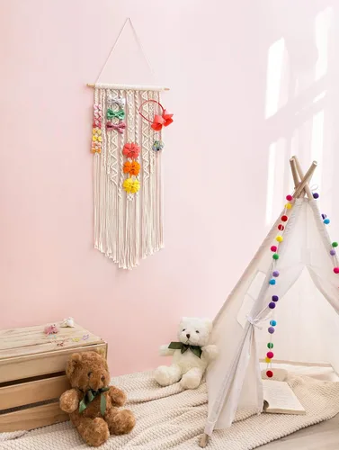 Miniatura 3 de Mkono Organizador de lazos de macramé para niñas, colgante para lazos de pelo, organizador de lazos Boho para pared, soporte para diademas