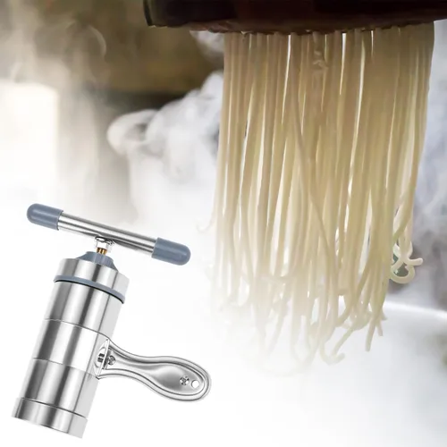 Miniatura 8 de QWORK Máquina de fideos de acero inoxidable, máquina manual de pasta con 5 moldes de fideos, máquina de fideos de prensa de pasta