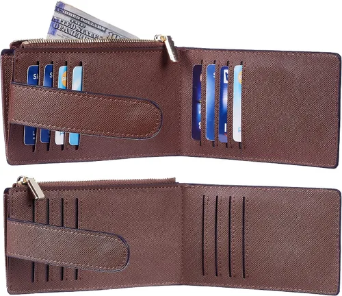 Miniatura 4 de Chelmon Billetera delgada para mujer, con bloqueo RFID, plegable, con bolsillo con cremallera, Marrón intenso, Minimalista