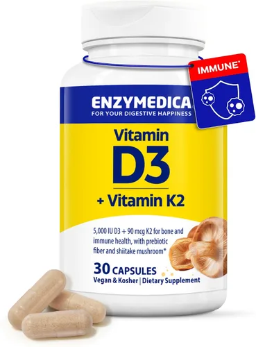 Enzymedica Vitamina D3 K2, 5000 UI Vegan D3 + 90 mcg MK-7, suplemento a base de plantas con hongos shiitake y fibra prebiótica para apoyo óseo e