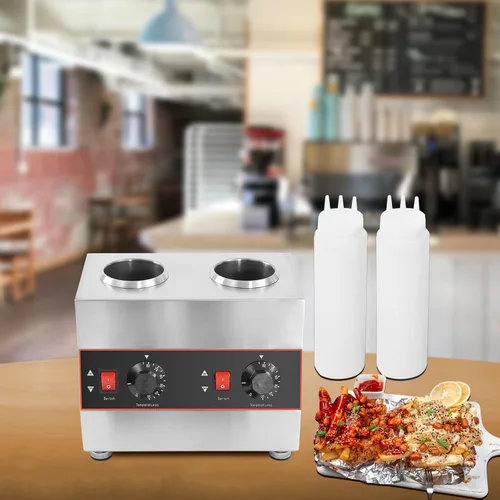 Miniatura 6 de Dispensador de calentador de dulce de azúcar caliente comercial de 320 W, 2 ollas, calentador eléctrico de salsa de queso, dispensador de queso