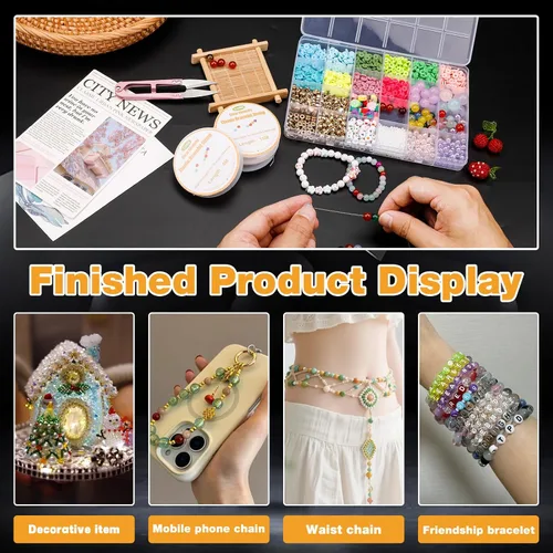 Miniatura 8 de Bupete 6 rollos de cuerda de 0.039 in para hacer pulseras, cuerda elástica para pulseras, cuerda elástica de cuentas con tijeras, agujas de cuentas