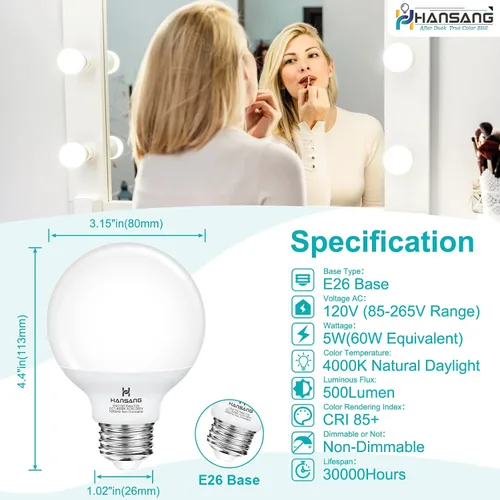 Miniatura 2 de Paquete de 12 bombillas de tocador para baño, luz natural de 4000 K, base E26, bombilla LED redonda, equivalente a 60 W, bombilla de baño G25