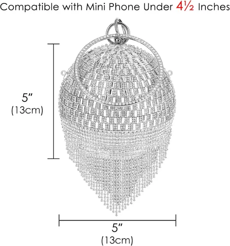 Miniatura 5 de Bolso de mano redondo para mujer pequeño bolso de noche de cristal deslumbrante borla de diamantes de imitación boda fiesta bolso cruzado con asa