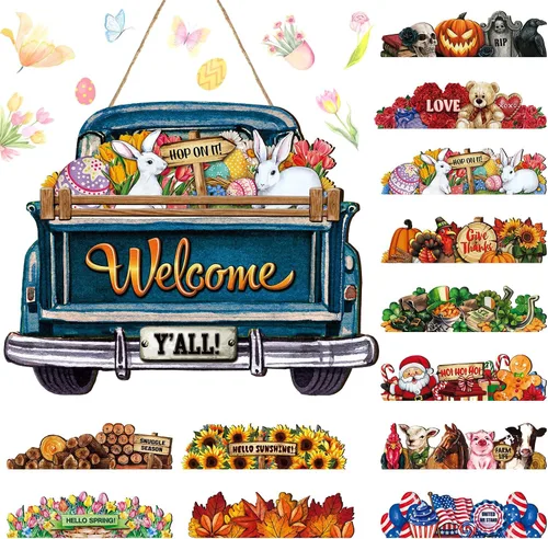 Miniatura 8 de Ferraycle - Letrero de bienvenida intercambiable para puerta delantera con 12 iconos de vacaciones, letreros de bienvenida de temporada, rústico