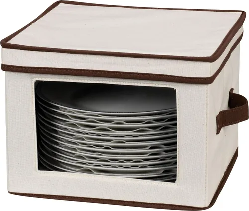 Miniatura 9 de Household Essentials 536 - Caja de almacenamiento de vajilla con tapa y asas Baúl para platos de cena Lona natural con ribete marrón
