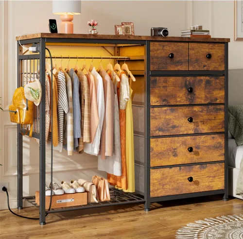 Miniatura 10 de EnHomee Cómoda blanca de 125 cm de ancho para dormitorio con estante colgante, cómoda de 6 cajones con luces LED y estación de carga, cómodas