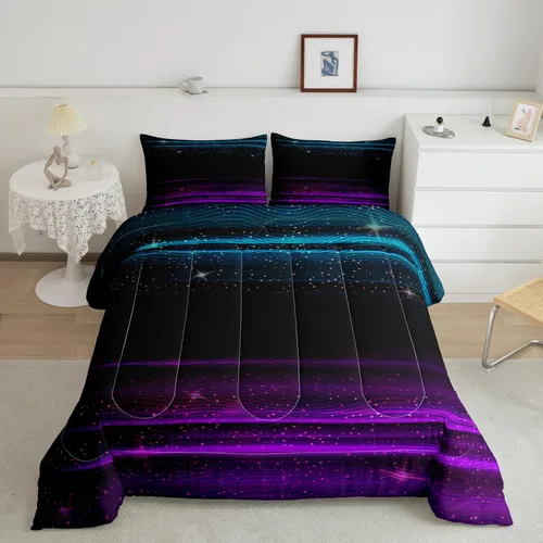 Juego de edredón de estrellas degradadas, negro, morado, azul, rayas, acuarela, degradado, galaxia, cielo estrellado, juego de edredón tamaño Azul y