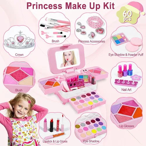 Miniatura 3 de Kit de maquillaje 60 en 1 para niños, con espejo de maquillaje LED de 3 colores real lavable, juegos de maquillaje para niñas de 5 a 8 años, regalo