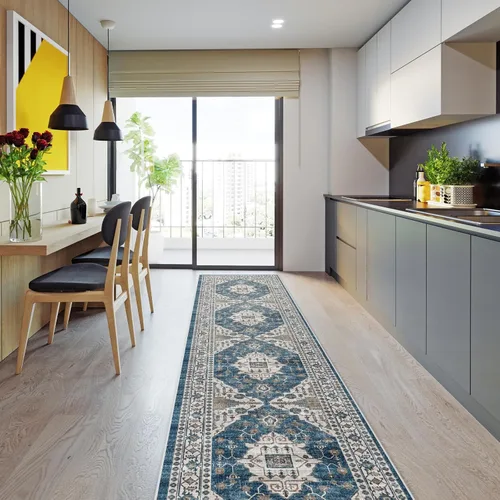 Miniatura 2 de Alfombra lavable para pasillo, de cocina, para entrada, alfombra suave vintage, antideslizante para interiores, para baño, sala de estar y Azul