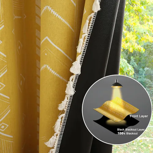 Miniatura 4 de ColorBird Cortinas Opacas Amarillas Bohemias 2 Paneles 84 Pulgadas de Largo Aislamiento Térmico Bohemio Azteca Tratamiento de Ventana Estampadas