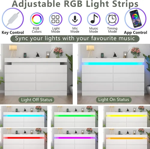 Miniatura 4 de Gyfimoie Cómoda de 6 cajones con toma de corriente, Cómoda con luz LED, Cajonera moderna para armario, Organizador de cajones doble ancho para Blanco