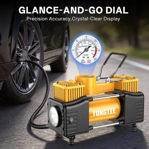 Miniatura 4 de YUNGTEE Inflador de neumáticos amarillo, bomba de inflado de doble cilindro resistente, bomba de inflado de accionamiento directo, bomba
