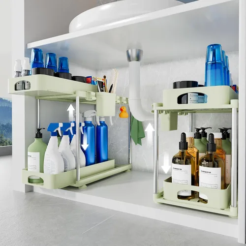 Miniatura 11 de VERIFOST Paquete de 2 organizadores para debajo del fregadero, organizadores de 2 niveles para debajo del fregadero y almacenamiento para cocina