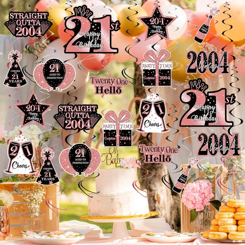Miniatura 6 de MOORAY 36 piezas de decoración de cumpleaños negro dorado 21 espirales colgantes para hombres y mujeres, suministros de fiesta de feliz cumpleaños