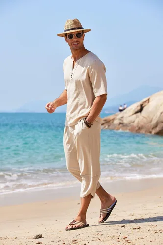 Miniatura 3 de COOFANDY Conjunto de 2 piezas de lino para hombre, camisa Henley de manga corta y pantalones capri harén, pierna ancha, holgados, pantalones de yoga