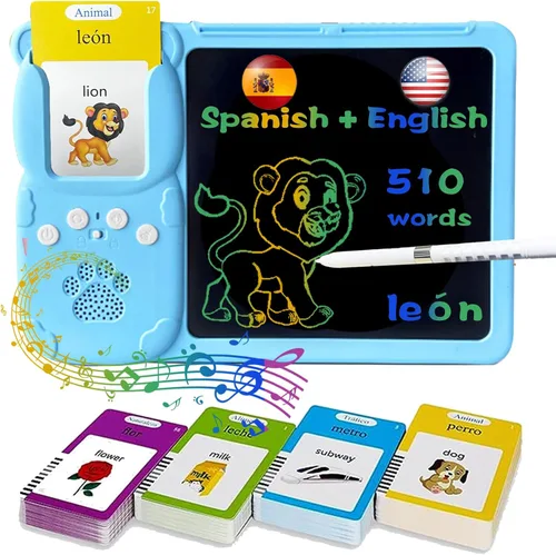 Tarjetas flash hablantes en inglés y español, tableta de escritura LCD de 8 pulgadas para niños de 3 a 12 años, 510 palabras visuales bilingües,