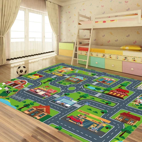 Miniatura 5 de Tapete de juego de automóvil para niños, alfombra para sala de juegos, alfombra de tráfico de ciudad, alfombra de juego para piso, alfombra de juego