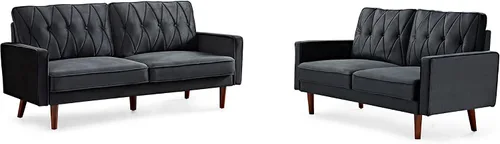 Container Furniture Direct Sofás de terciopelo copetudo de estilo moderno para sala de estar con tapicería de tela suave y marco de madera maciza,