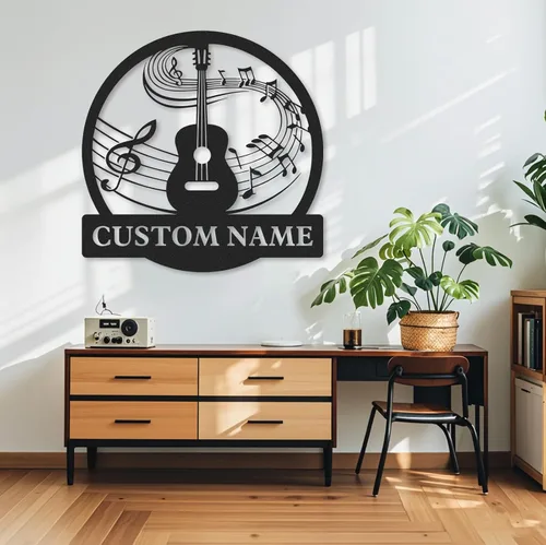 Miniatura 4 de Letrero de metal personalizado de guitarra, letreros de metal personalizados, decoración de pared de notas musicales, arte de pared divertido