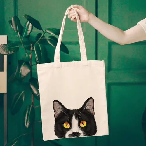 Miniatura 2 de WIRESTER Bolsa de lona reutilizable para mujeres y niñas, bolsa de compras de comestibles, bolsa de hombro, bolsa de viaje, lindo perro y gato Gato