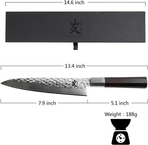 Miniatura 2 de SAMCOOK - Cuchillo de chef japonés – Cuchillo de cocina profesional de 8 pulgadas con acabado martillado de Damasco, cuchillo de cocina de acero