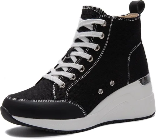 Cestfini Graffiti - Tenis altos para mujer, transpirables, color blanco y negro, con plataforma, con cordones, zapatos de lona para mujer