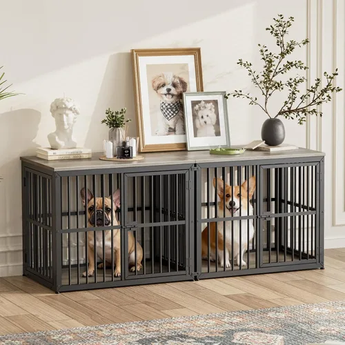 Miniatura 18 de Lyromix 94.48'' Mueble de jaula para perros de raza grande con soporte para TV de dos habitaciones, mesa auxiliar de jaula para perros de madera