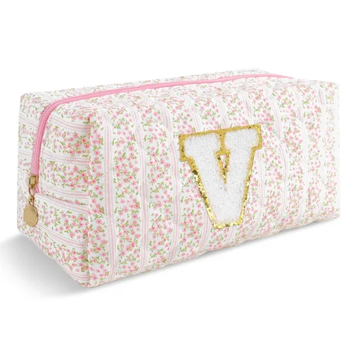 Miniatura 53 de Pequeña bolsa de maquillaje personalizada con inicial A-Z Preppy Patch, bolsa de cosméticos de viaje de felpilla blanca con cremallera, bonita bolsa