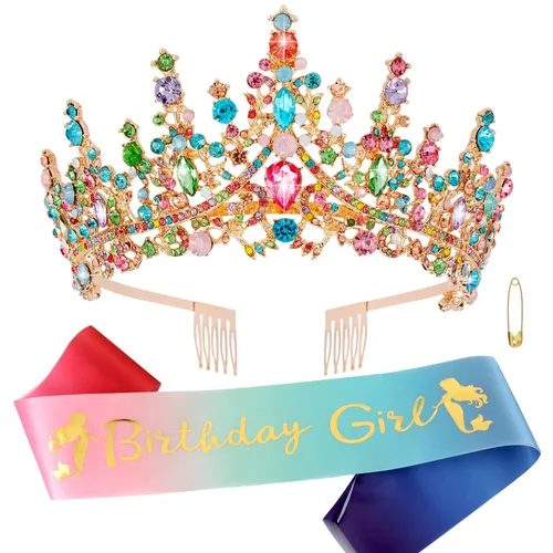 ATODEN Tiaras y coronas de cumpleaños para niña, tiaras y coronas para mujeres y niñas, multicolores de cristal, tiara de princesa, diadema de