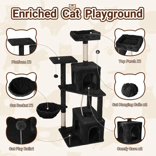 Miniatura 6 de Torre de árbol para gatos de varios niveles de 54 pulgadas con hamaca, condominios y postes rascadores, muebles grandes para gatos