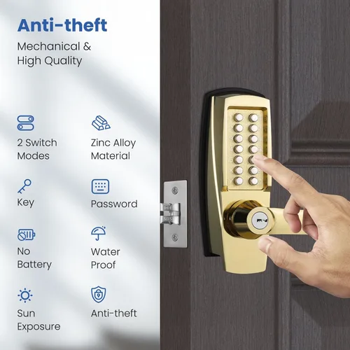 Miniatura 4 de Cerradura de puerta de entrada sin llave con asa, cerradura de teclado comercial, cerradura de puerta mecánica para exteriores, cerradura de código