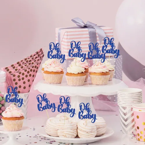 Miniatura 7 de Gyufise 36 piezas Oh Baby Cupcake Toppers Glitter Baby Shower Oh Baby Cupcake Picks para revelación de género Baby Shower Niños Niñas Fiesta de Azul