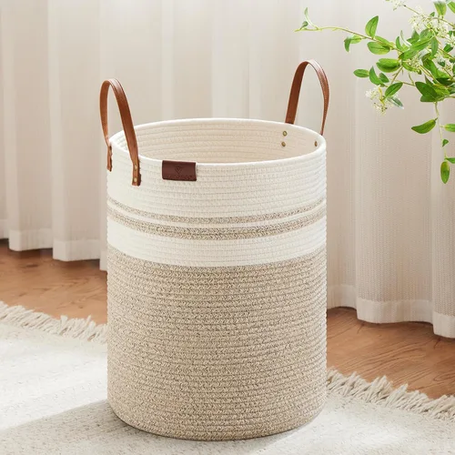 Miniatura 25 de VIPOSCO Cesta alta para ropa sucia, cesta grande para ropa sucia con mango de cuero, cesta de almacenamiento de cuerda tejida para manta, juguete