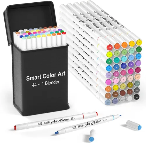 Marcadores artísticos inteligentes de color, 44 marcadores para colorear y 1 licuadora, paquete de 45 resaltadores permanentes de doble punta a base